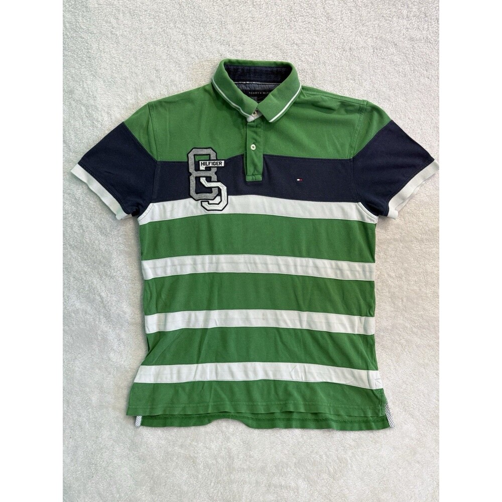 Tommy Hilfiger Mens L Rugby Nautical Striped Polo Shirt Green Big Logo on Front